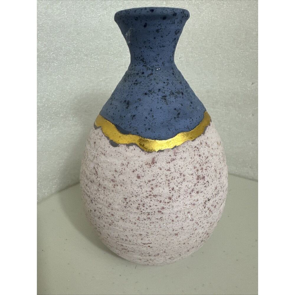 Studio Art Pottery vase MD Signed Mid Century Heavy Blue Pink Gold Strip - Picture 15 of 15